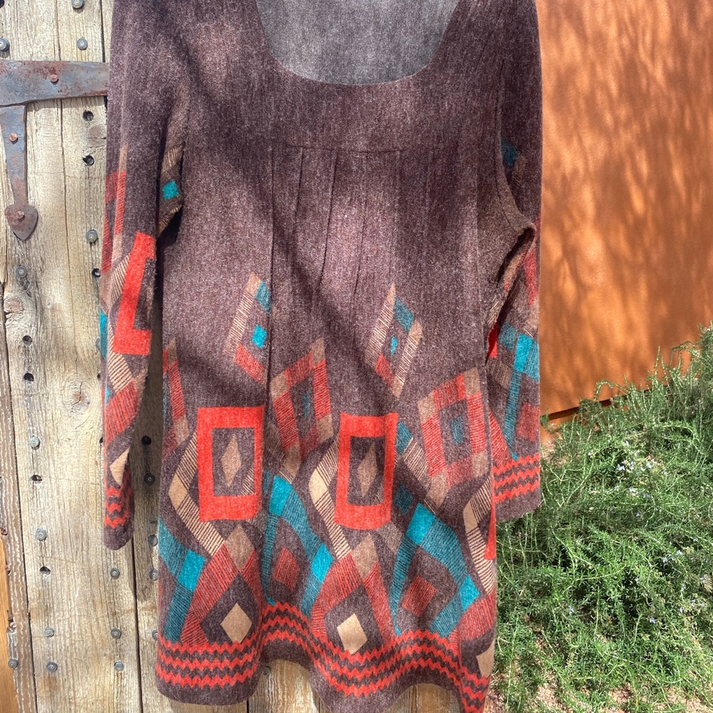 Brown Sweater Dress - Turquoise / Coral Accents - Large